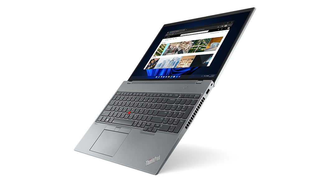 Vista laterale destra del notebook ThinkPad T16 di prima generazione (16'' AMD) aperto a 180°, collocato ad angolo in verticale, dall'alto verso il basso