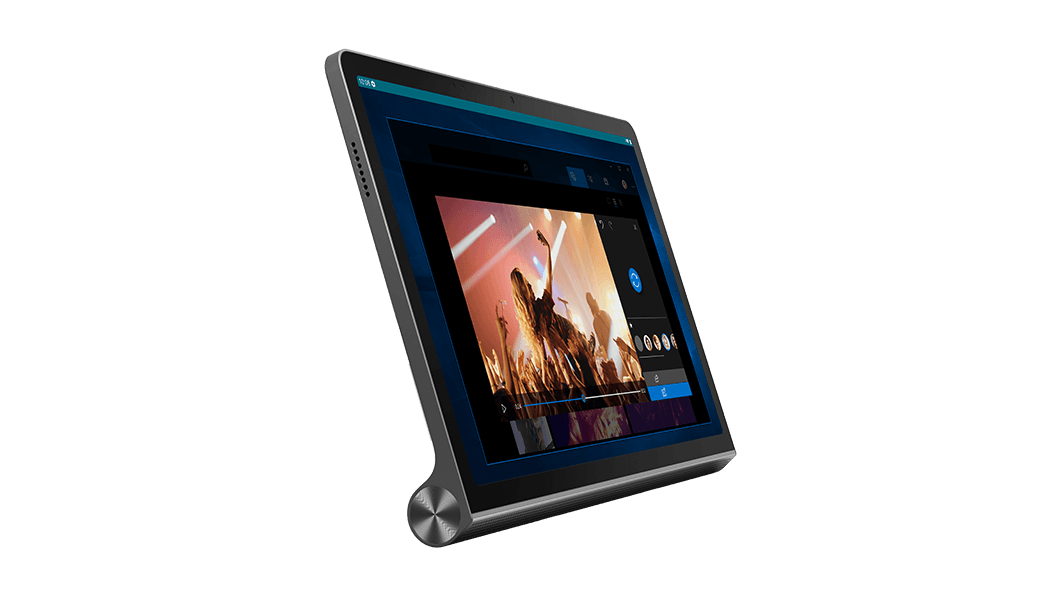 Tablette Lenovo Yoga Tab 11 : vue de 3/4 côté gauche, avec lecteur de musique et image de concert sur l'écran