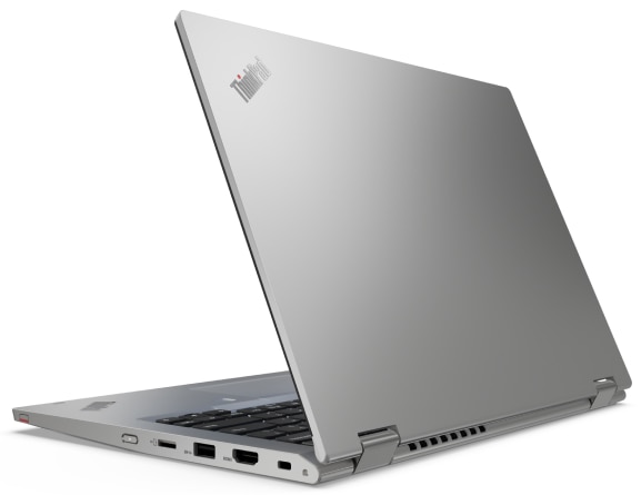 Rear left three-quarter view of silver Lenovo ThinkPad L13 Yoga Gen 2