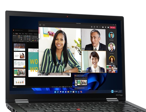 Linkerzijaanzicht van de ThinkPad X13 Yoga Gen 3 (13'', Intel) in laptopstand, met het scherm en een deel van het toetsenbord zichtbaar