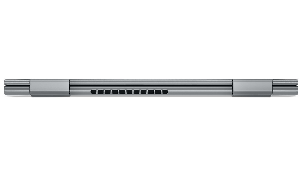 Lado posterior do 2-em-1 Lenovo ThinkPad X1 Yoga (7.ª geração) com a tampa fechada a mostrar as articulações e a ventilação.