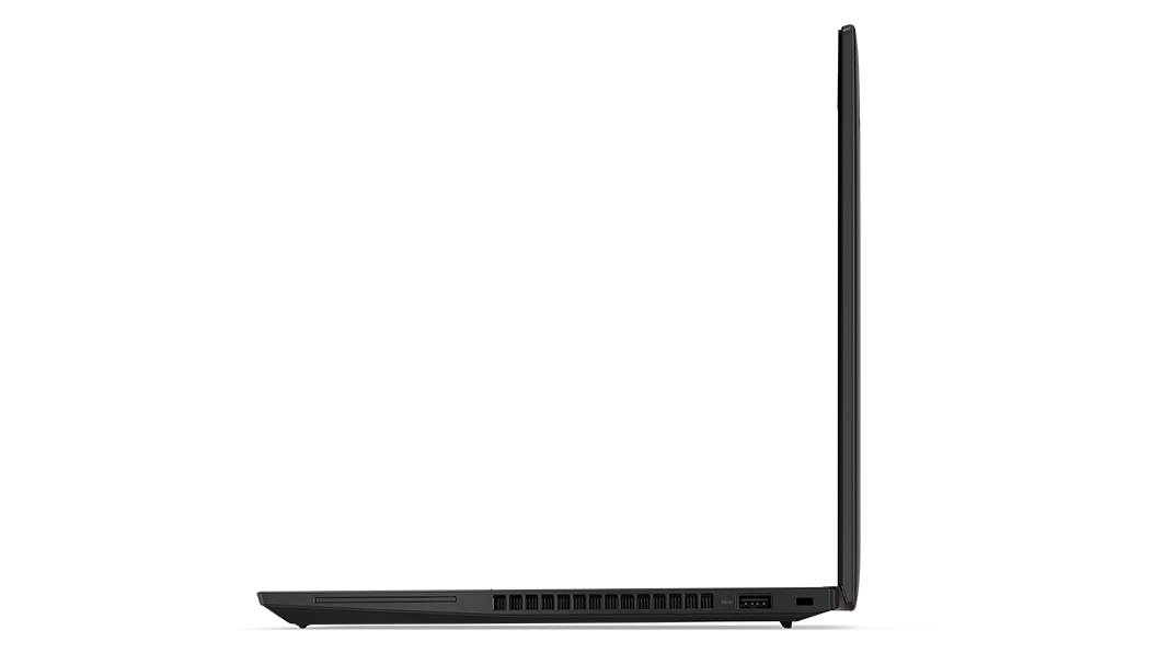 Rechterzijaanzicht van de Lenovo ThinkPad P14s Gen 3-laptop, 90 graden geopend.