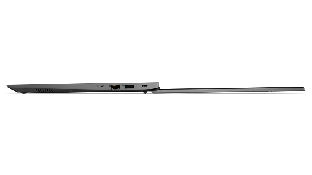 Rechterzijkant van Lenovo V15 Gen 3 (15'' Intel) laptop, 180 graden geopend, plat liggend, met rand van scherm en toetsenbord zichtbaar, plus poorten