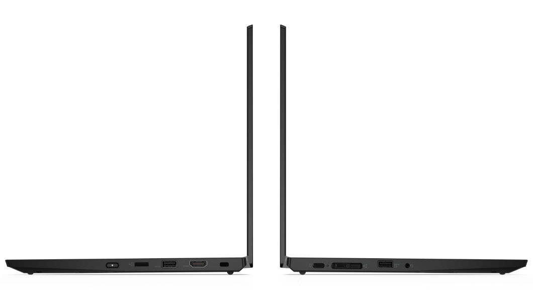 Linke und rechte Seitenansicht von zwei Lenovo ThinkPad L13 (2. Generation) Notebooks (Schwarz) mit den Rückseiten zueinander, um 90 Grad geöffnet