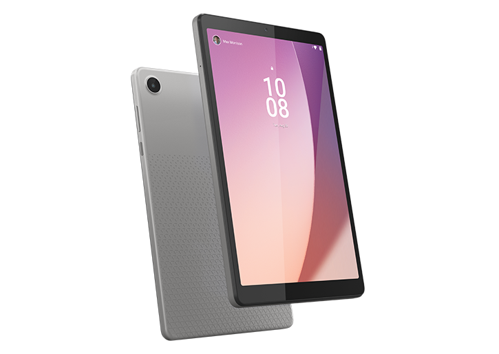 Back view of Lenovo Tab M8 Gen 4 tablet and front view of  Lenovo Tab M8 Gen 4 tablet with display on