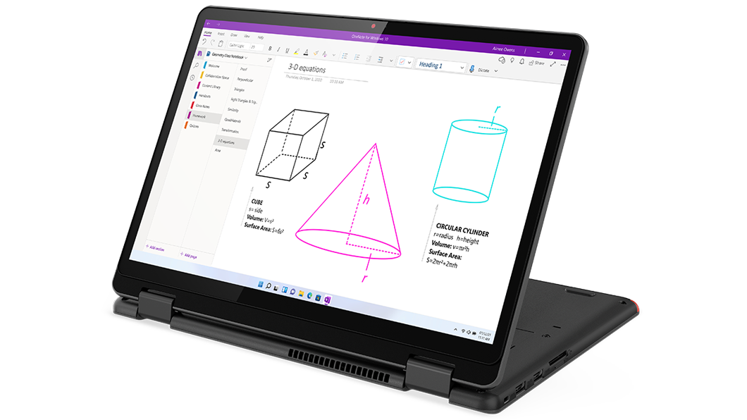Lenovo 13w Yoga 2-in-1 in stand mode with display facing left and positioned horizontally. 