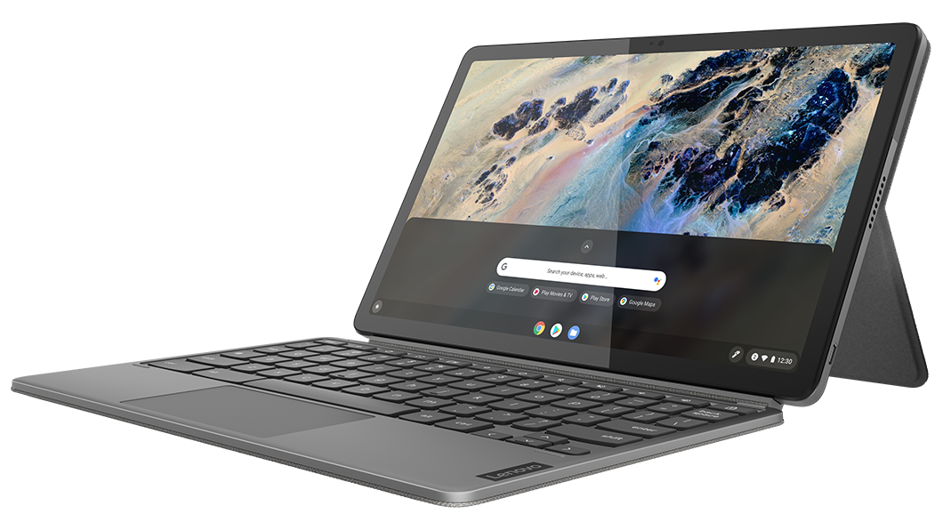 Right-side-facing Lenovo Duet Chromebook Education Edition 2-in-1 Chromebook, showing detachable keyboard & display