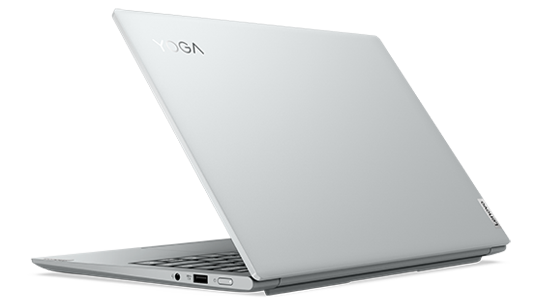 Rear-facing, right-side view of Yoga Slim 7 Pro Gen 7 (14″ AMD) laptop at an angle, partly opened, top cover, part of keyboard, & ports