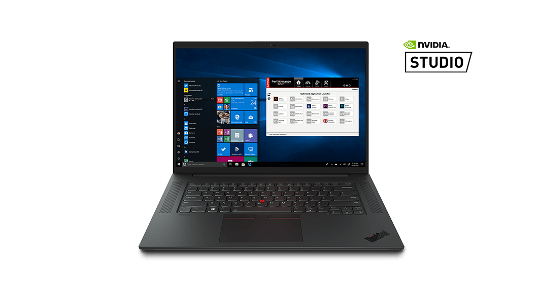 Front facing 16'' Lenovo ThinkPad P1 Gen 4 mobile workstation with graphics intensive program on screen.