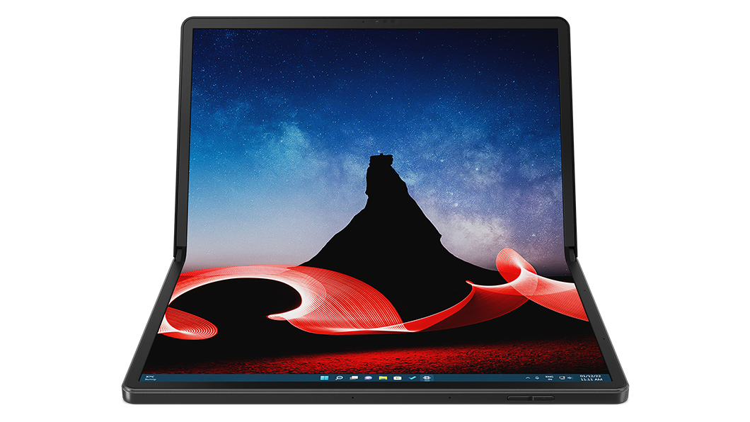 Front-facing Lenovo ThinkPad X1 Fold foldable PC in laptop mode (without keyboard).