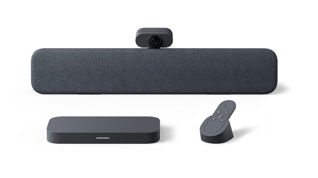 Lenovo ThinkSmart Google Meet Room Kit med højttalerbar, standardkamera, beregningsenhed og fjernbetjening i koksgrå
