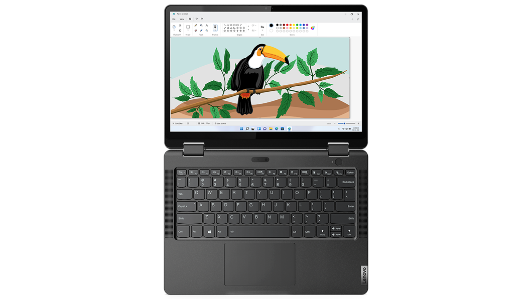 Vista superior del portátil convertible Lenovo 13w Yoga 2-en-1 abierto en un ángulo de 180 grados, con el teclado y la pantalla visibles.