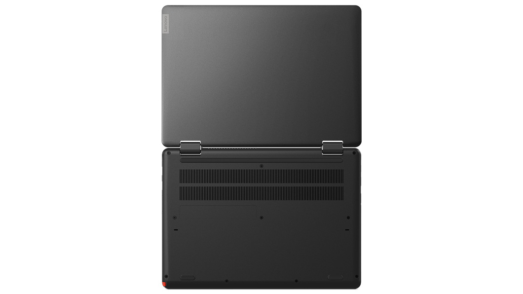 Vista superior de la parte trasera del Lenovo 13w Yoga 2-en-1 abierto en un ángulo de 180 grados con las bisagras y rejillas de ventilación visibles.
