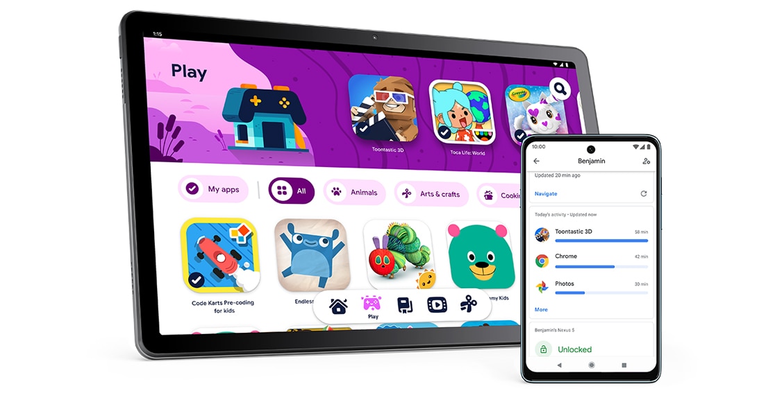 Tab M10 Gen 3, vue avant droite, avec l’interface utilisateur Google Kids Space à l’écran et un smartphone (non inclus) avec l’interface utilisateur Google Family Link à l’écran.