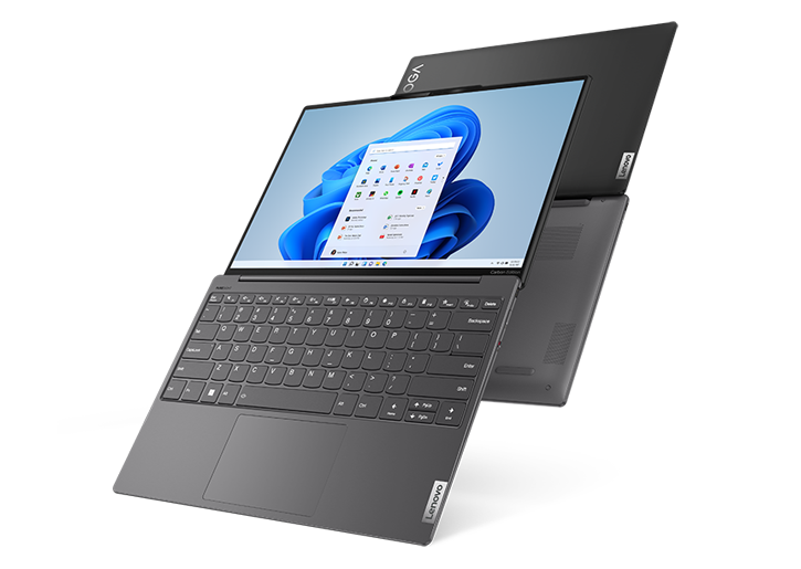 Yoga Slim 7i Carbon Gen 7 front & rear side views, fully opened, Windows 11 on screen