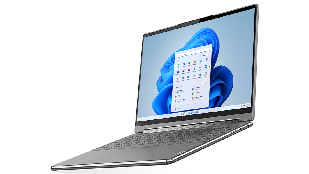 Yoga 9i di settima generazione in Storm Grey, in modalità notebook, vista anteriore destra