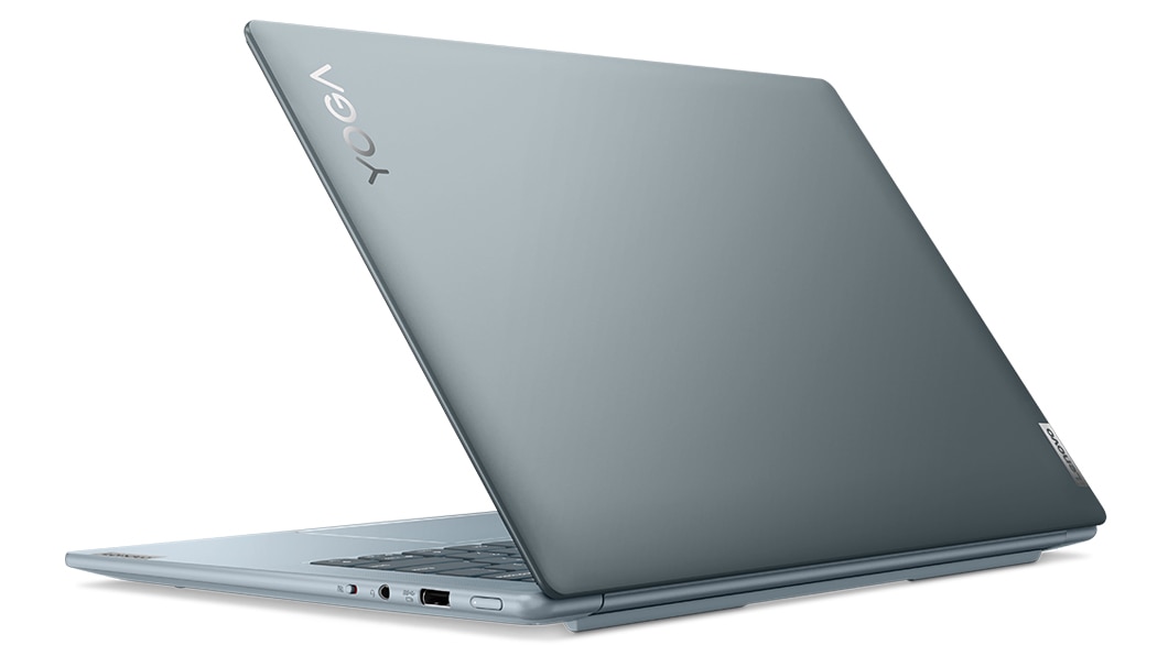 Rear facing left side view of Lenovo Yoga Slim 7i Pro X Gen 7 (14″ Intel) laptop, opened slightly, showing front cover