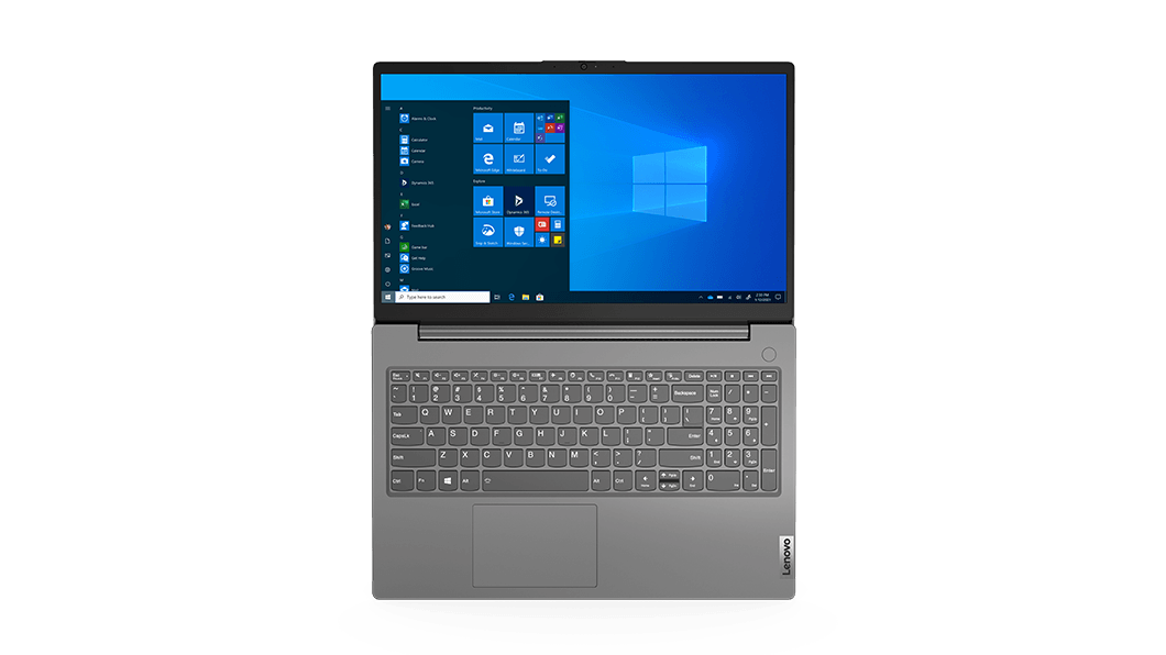 Notebook Lenovo V15 di seconda generazione (15'' AMD) - Vista anteriore dall'alto, completamente aperto, con Windows sullo schermo
