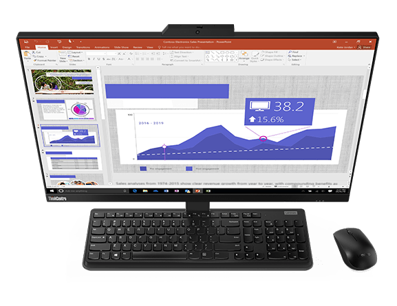 Overhead shot of the Lenovo ThinkCentre M90a Gen 2 all-in-one with a keyboard and mouse.