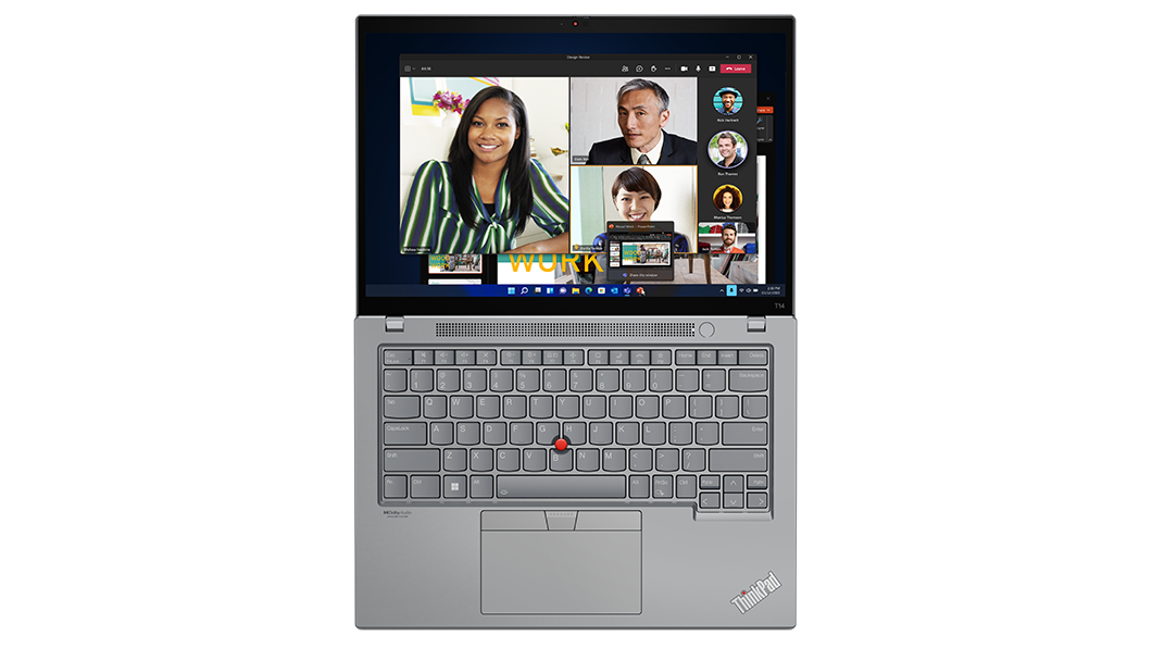 ThinkPad T14 Gen 3 (14 AMD) set fra oven, fladt åbnet ved 180 grader med fokus på skærm og tastatur