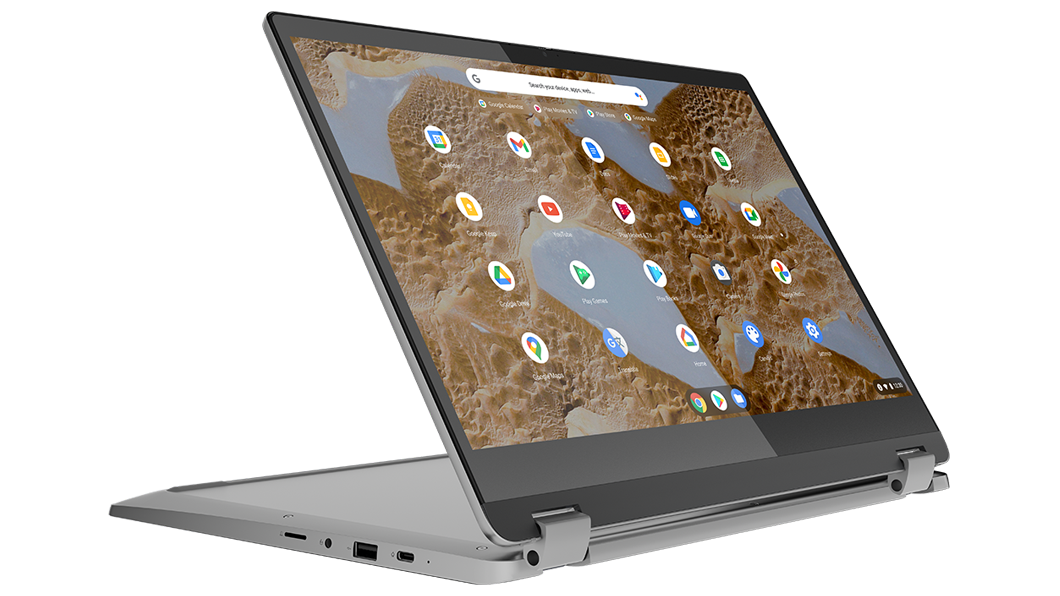 Arctic Grey -värinen IdeaPad Flex 3i Chromebook telinetilassa, käännettynä oikealle