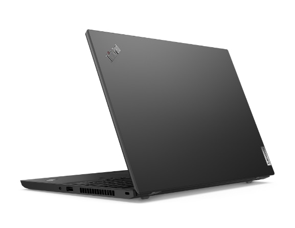 Rear-view of Lenovo ThinkPad L15 Gen 2 (Intel) laptop open about 80 degrees, angled slightly to show right-side ports.