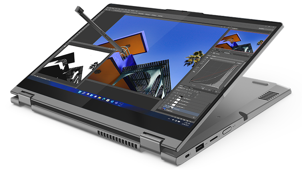Ein ThinkBook 14s Yoga Gen 2 2-in-1-Notebook in Mineral Grey im Tablet-Modus mit umgeklapptem Display, darüber schwebt der Digitalisierstift, als ob er gerade verwendet würde.