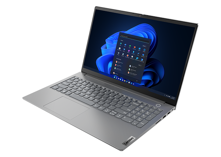Vista frontal del lateral derecho del portátil Lenovo ThinkBook 15 de 4.ª generación [38,1 cm (15"), AMD] visible tres cuartos con la tapa abierta