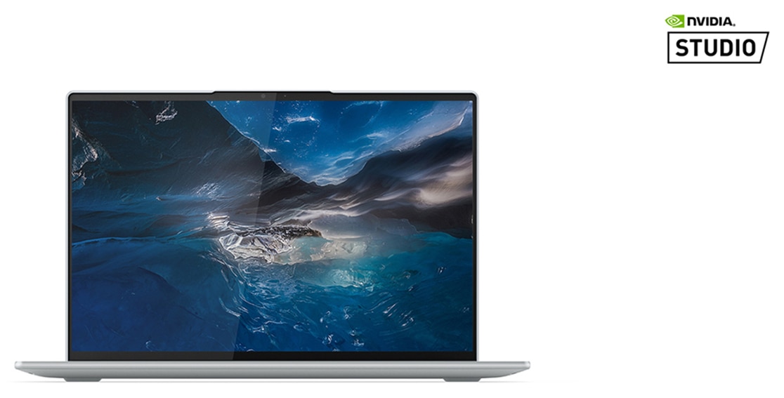Front facing Lenovo Yoga Slim 7i Pro X Gen 7 (14″ Intel) laptop, opened 90 degrees, showing display, plus NVIDIA® Studio logo