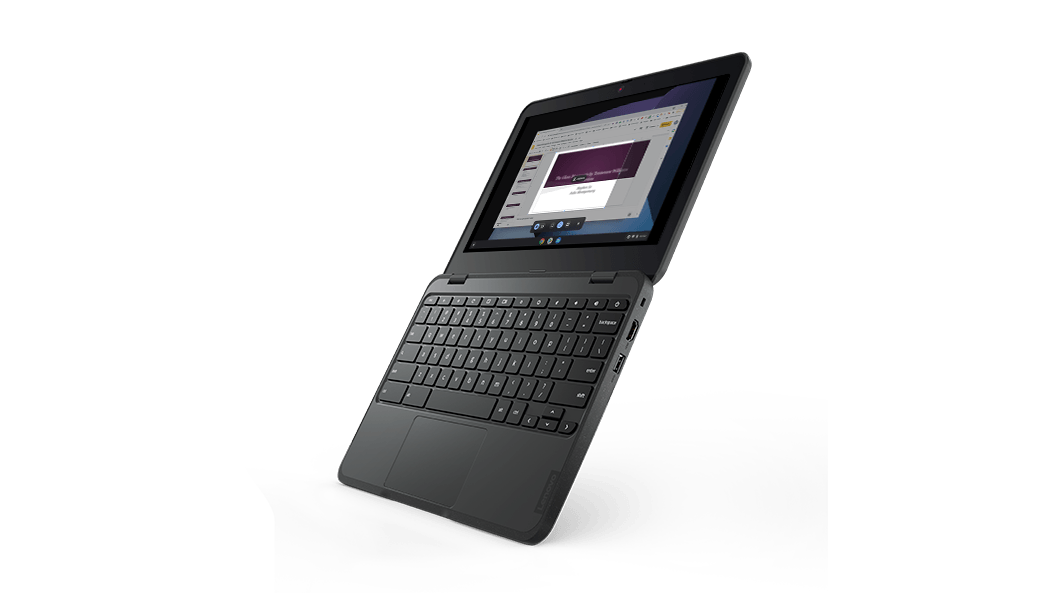 Lenovo 100e Chromebook Gen 3 open 180 degrees, angled slightly to show right-side ports.