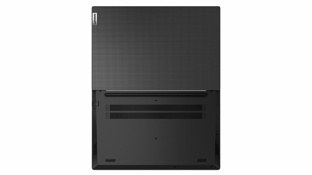 Overhead shot of Lenovo V15 Gen 4 laptop open 180 degrees, showcasing top & bottom covers in Basic Black.