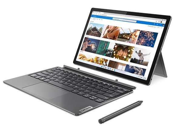 The IdeaPad Duet 5i from the back, angled to show the right side and part of the keyboard