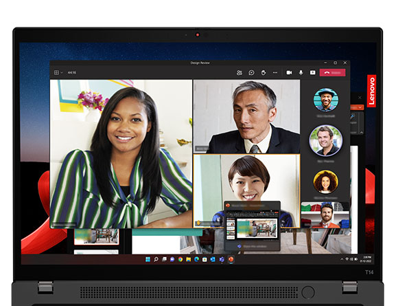 Close-up of the Lenovo ThinkPad T14 Gen 4 laptop with video conference, webcam, & fingerprint reader integrated with the power button.