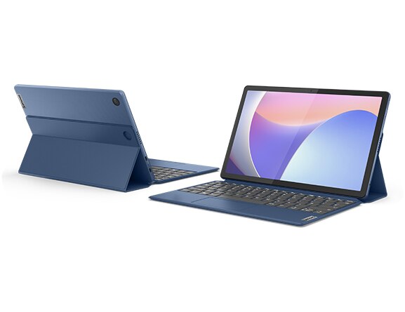 Two Abyss Blue IdeaPad Duet 3is. One is left-facing in laptop mode with a rear view of another in the background.