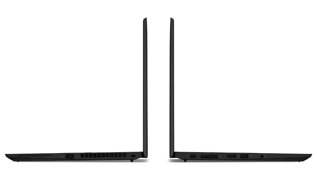 Zwei Lenovo ThinkPad X13 Gen 2 (13'' AMD) Notebooks – Ansicht von links und rechts, Rücken an Rücken, mit geöffneten Deckeln