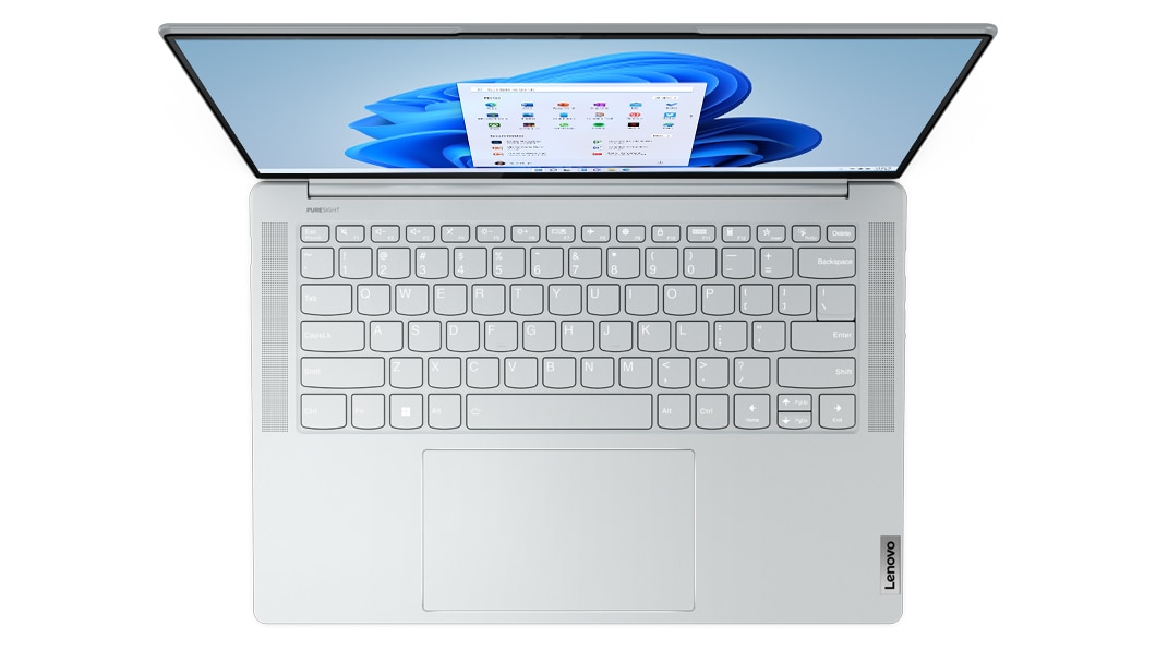 Aerial view of Lenovo Yoga Slim 7i Pro X Gen 7 (14″ Intel) laptop, opened, showing display and keyboard