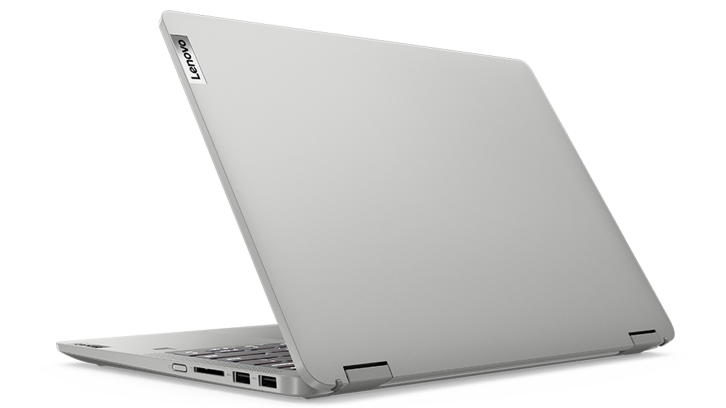 Imagen de semiperfil trasera de la laptop IdeaPad Flex 5i 7ma Gen (14″, Intel) en modo laptop, en color cloud grey (gris tormenta)