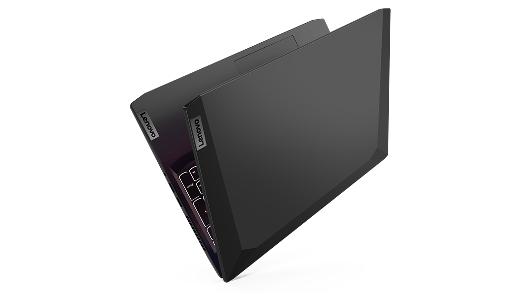 Vue de dessus du portable Lenovo IdeaPad Gaming 3 Gen 6 (15'' AMD) entrouvert, montrant le capot