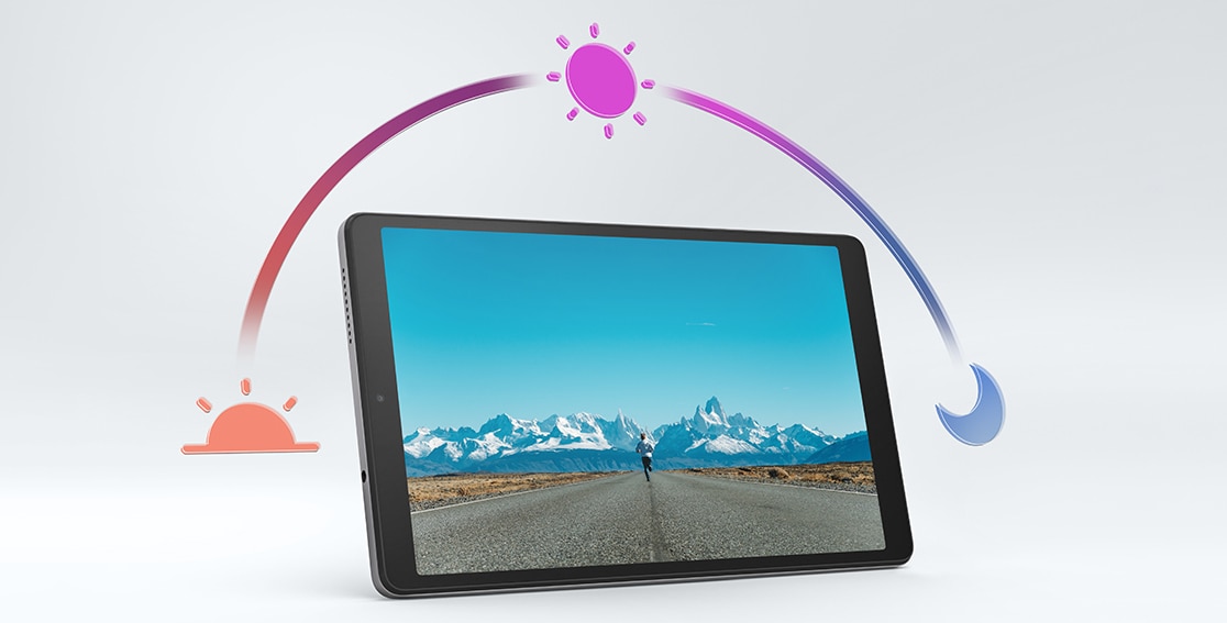 Tablette Lenovo Tab M8 Gen 4 à l’horizontale affichant l’autonomie de la batterie