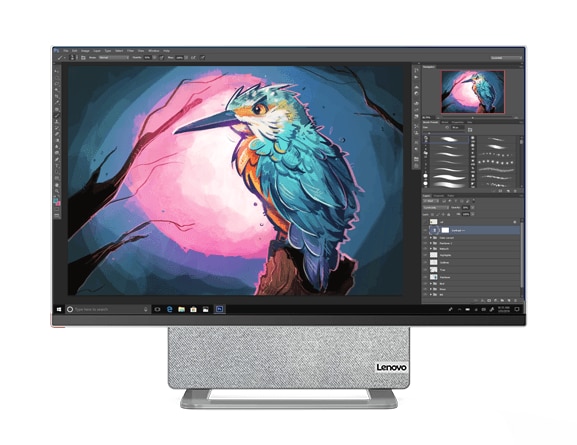 Yoga AIO 7 (27'' AMD), vue de face, écran allumé, Adobe Photoshop à l’écran