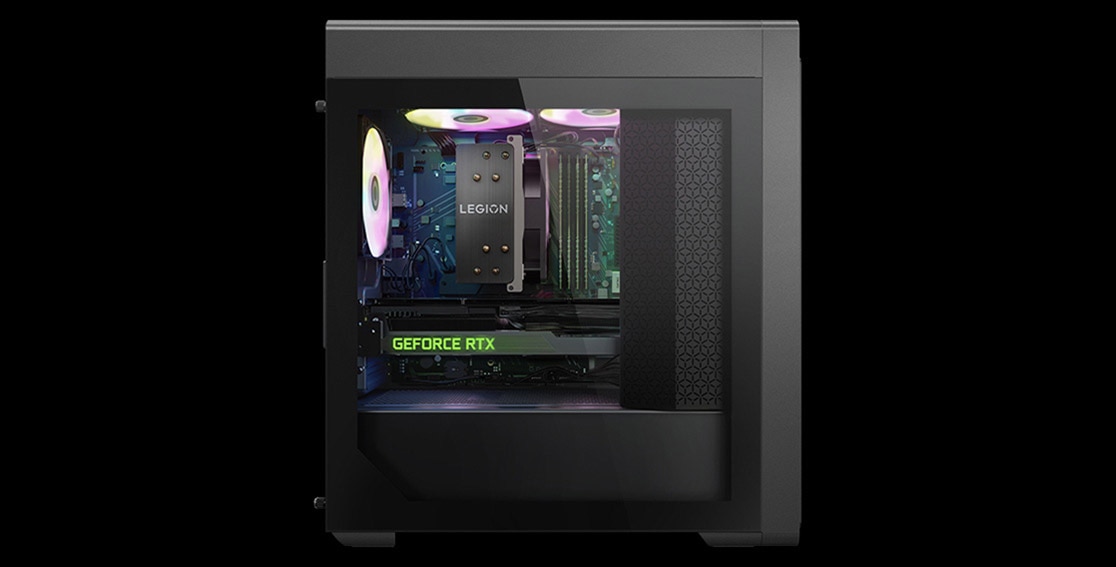 Left-side profile view of the Legion Tower 5 Gen 8 (AMD) gaming PC with optional glass panel revealing the inside components and RGB lighting.