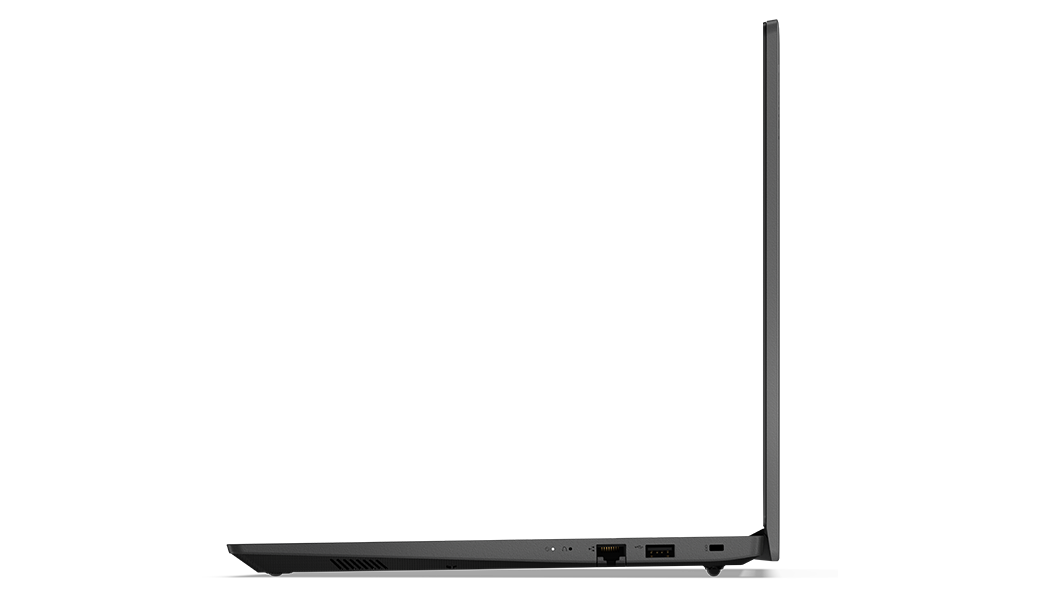 Lenovo V15 Gen 3 (15'' Intel) Notebook, rechtes Seitenprofil, um 90 Grad geöffnet, mit Blick auf die Kante von Display und Tastatur sowie die Anschlüsse