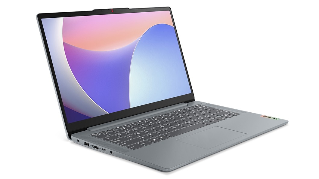 Vista angolare del notebook Lenovo IdeaPad Slim 3i di ottava generazione aperto a 90° con porte sul lato sinistro.