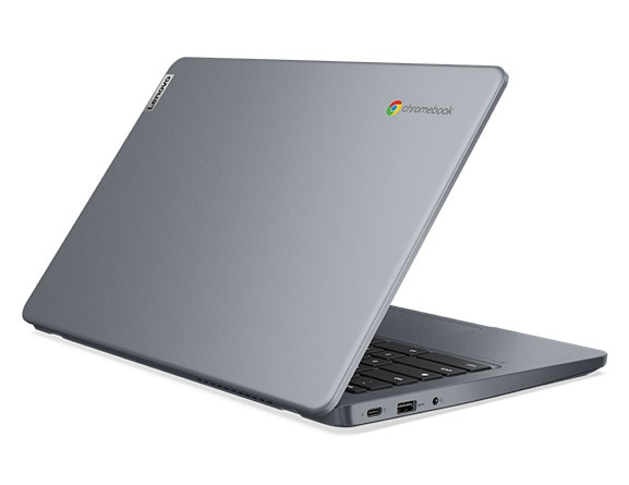 Lenovo 14e Chromebook (14” Intel) – left rear view, with lid partially open