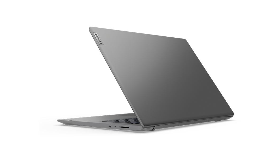 Lenovo V17 Notebook, um etwa 45 Grad geöffnet, Rückansicht mit Anschlüssen auf der rechten Seite.