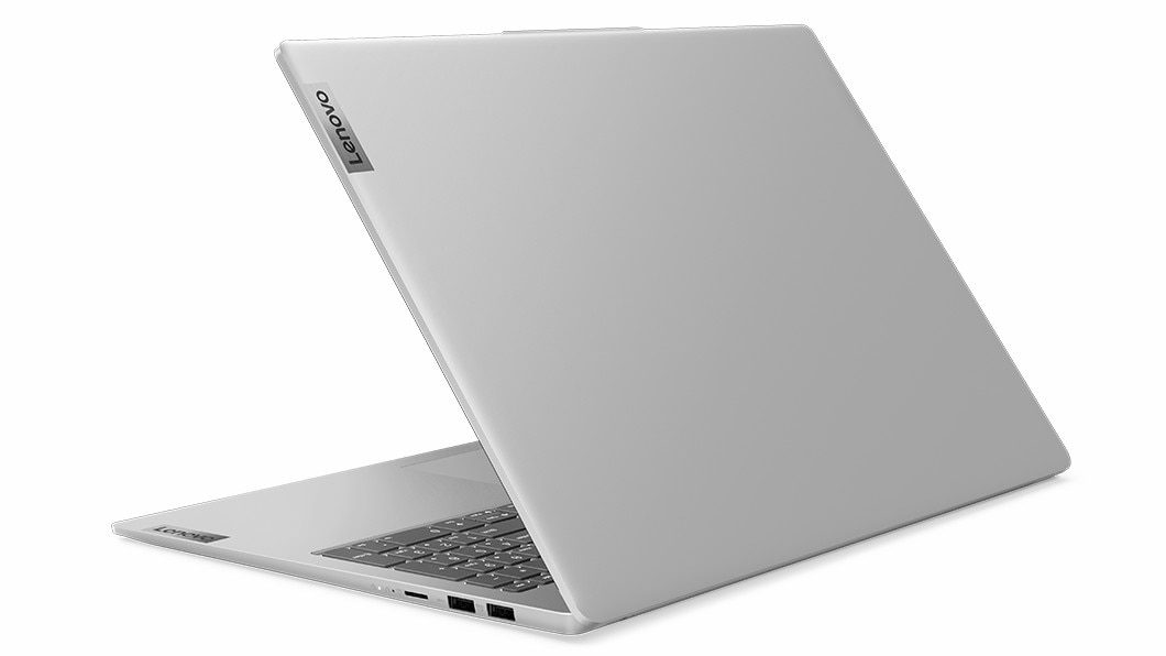 Vista posteriore angolare del notebook IdeaPad Slim 5i di ottava generazione con coperchio, porte sul lato destro e parte della tastiera