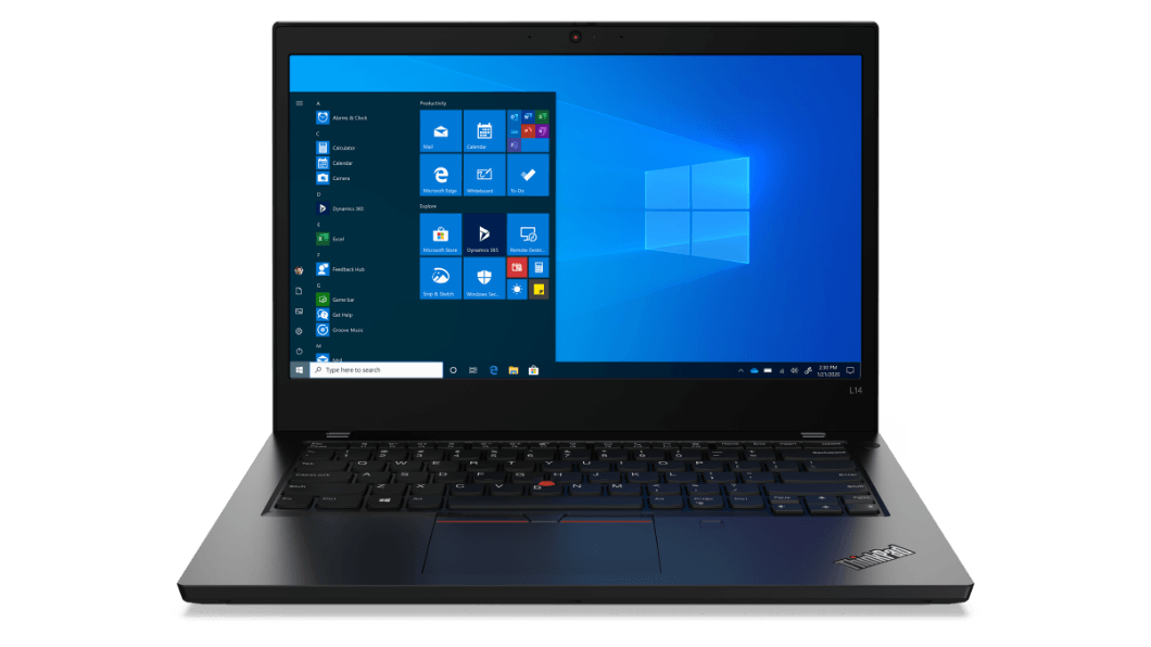 Vue avant de l’ordinateur portable Lenovo ThinkPad L14 Gen 2 (Intel) ouvert à 90 degrés, montrant l’écran de 35,56 cm (14'') affichant le bureau Windows 10 Professionnel et le clavier. 