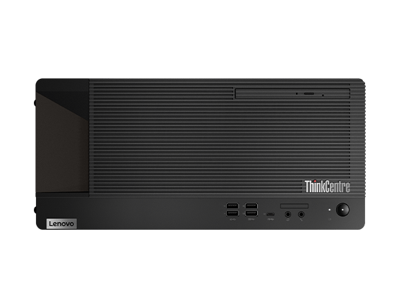 Front facing Lenovo ThinkCentre M90t Gen 2 tower positioned horizontally.