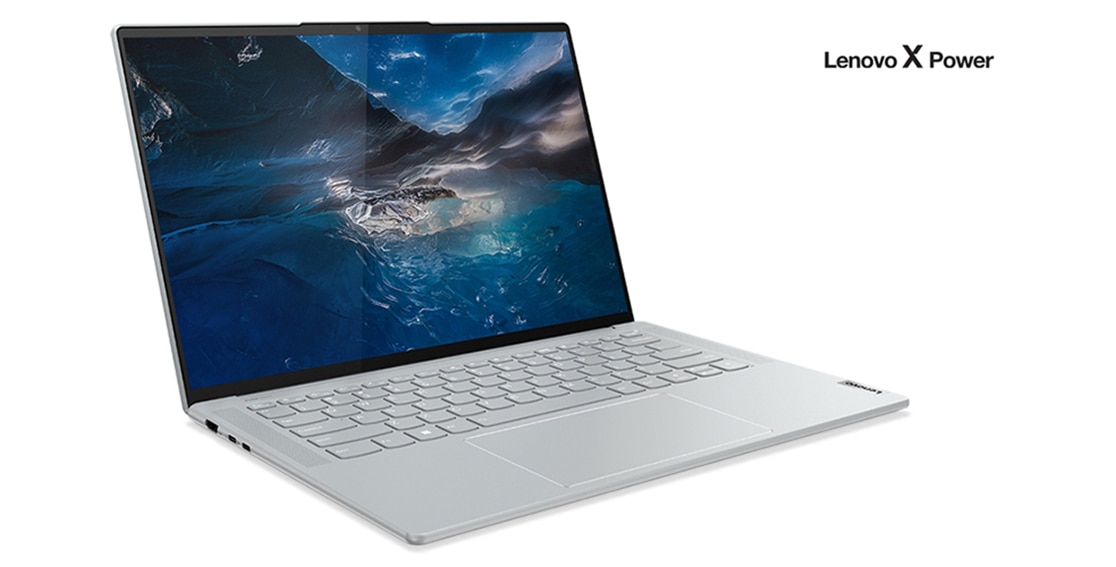 Left side view of Lenovo Yoga Slim 7i Pro X Gen 7 (14″ Intel) laptop, opened 110 degrees, showing display and keyboard, plus Lenovo X Power logo