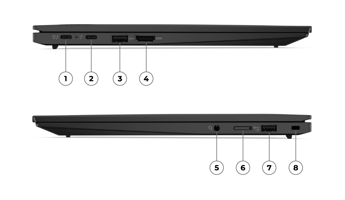 Kaksi Lenovo ThinkPad X1 Carbon Gen 11 -kannettavaa kannet suljettuina, oikea ja vasen profiili, portit ja paikat merkitty numeroilla 1–8.